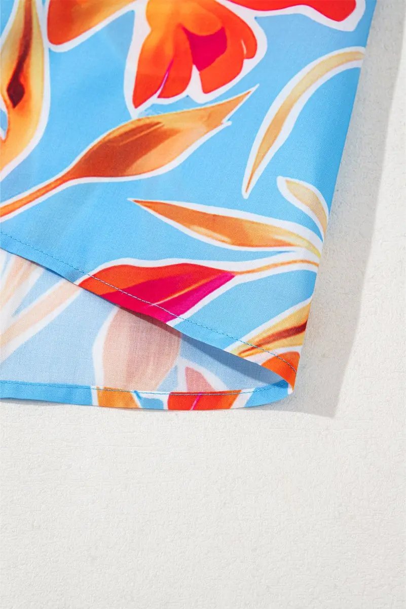 Sky Blue Floral Print V Neck Pompom Trim Flutter Sleeve Blouse - Love Salve